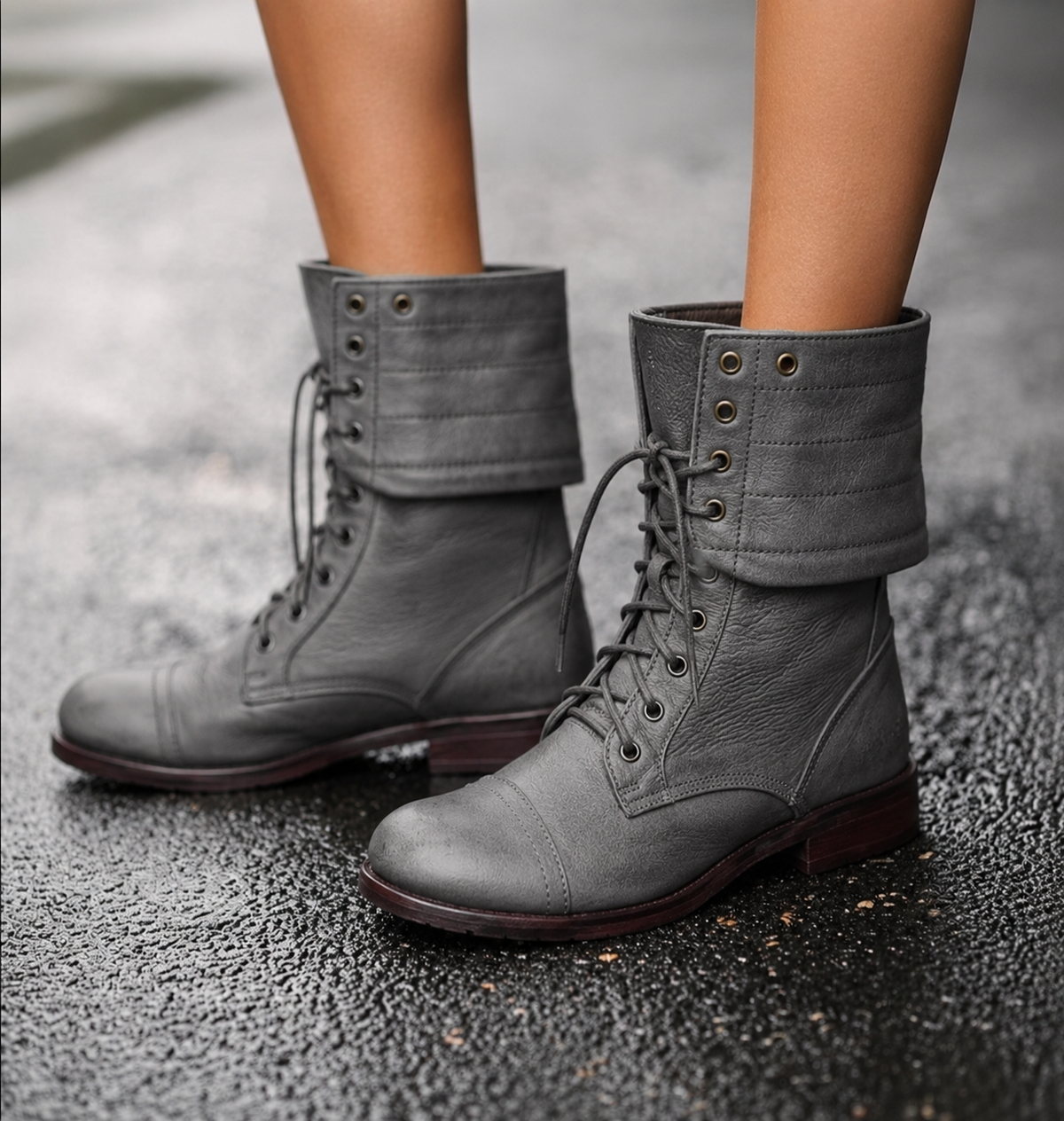 Women's Retro Laced Mid-Calf Boots – Gray