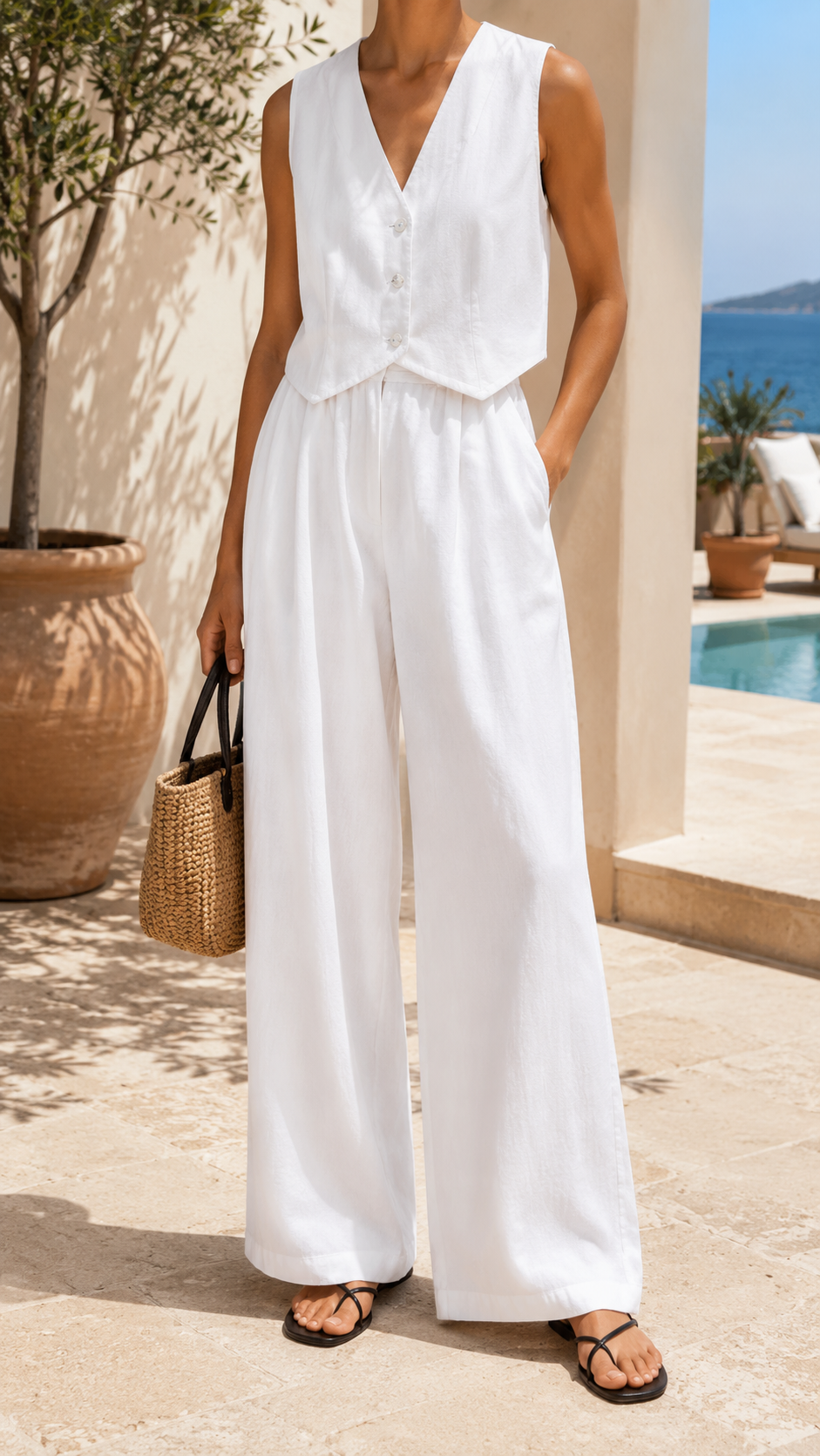 Women's No-Sleeve Vest Pants Set – White