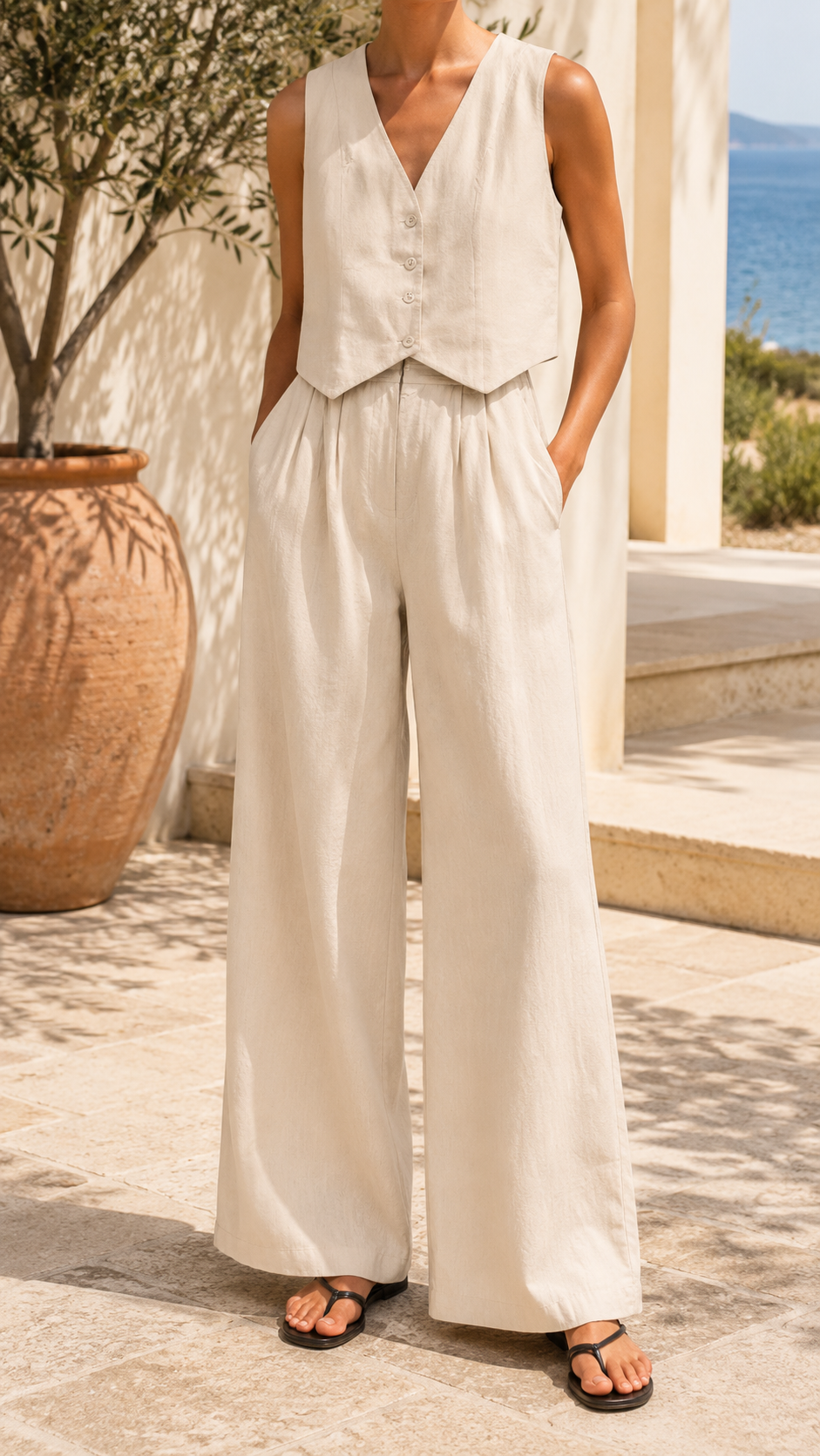 Women's No-Sleeve Vest Pants Set – Beige