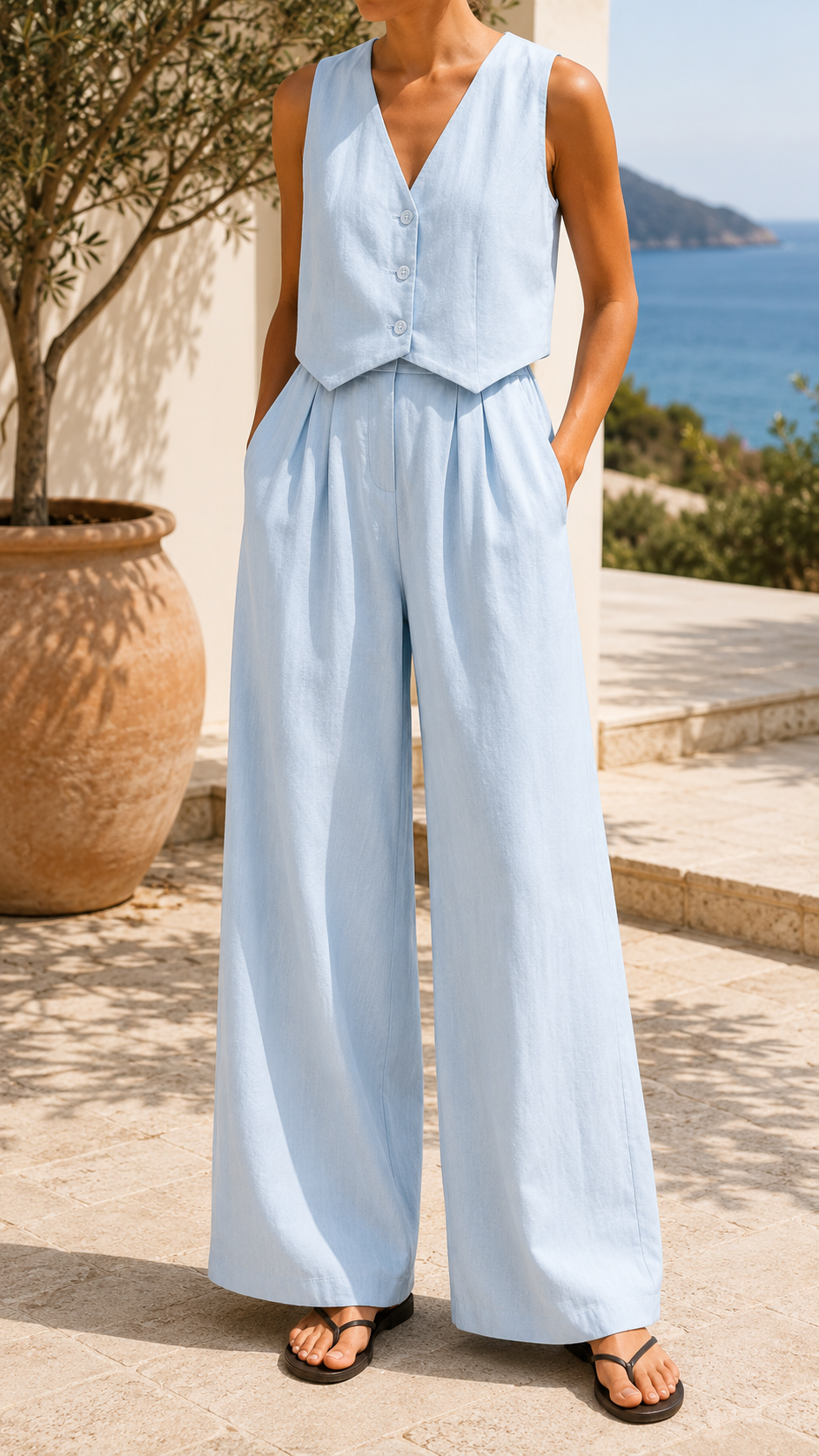 Women's No-Sleeve Vest Pants Set – Light Blue