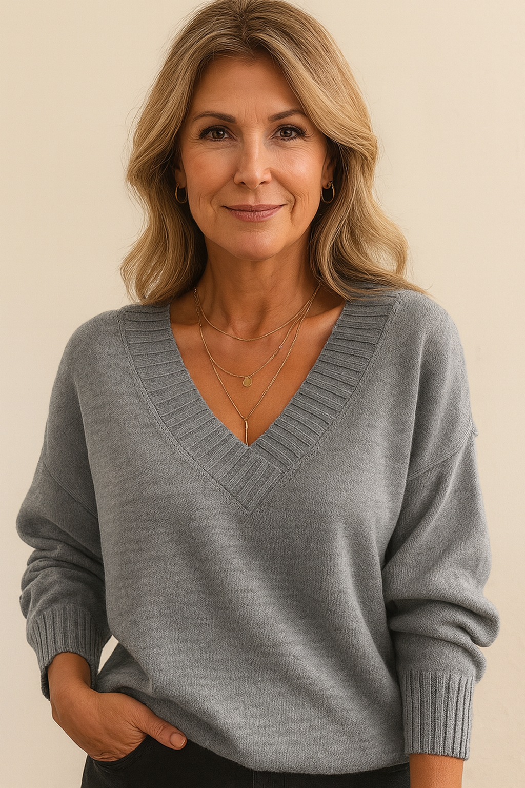 Women's Deep V-Neckline Knit Sweater – Gray