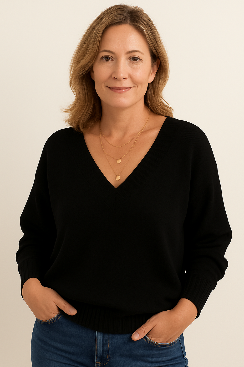 Women's Deep V-Neckline Knit Sweater – Black