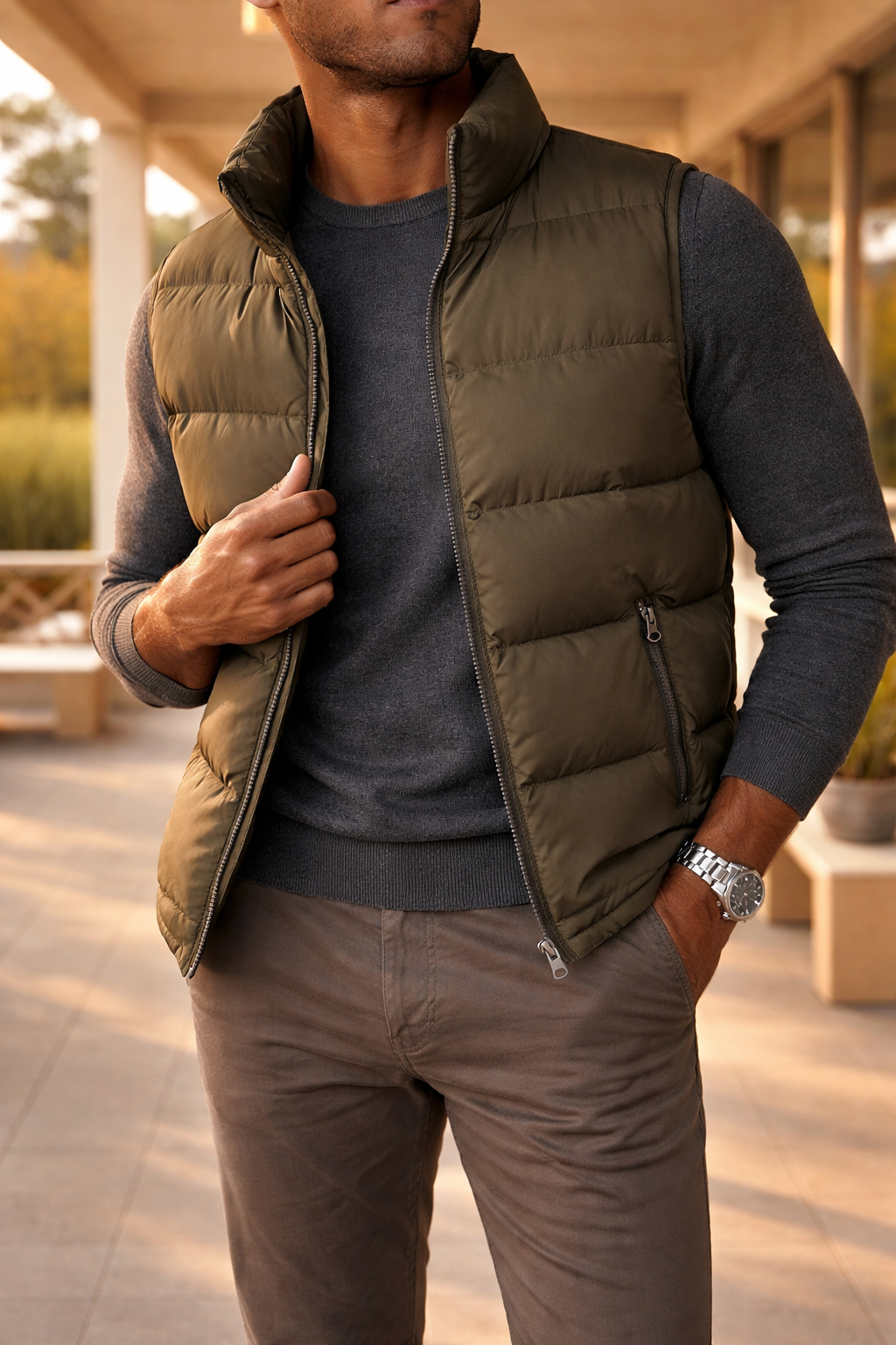 Men's Light-Weight Padded Zip Vest – Olive Brown