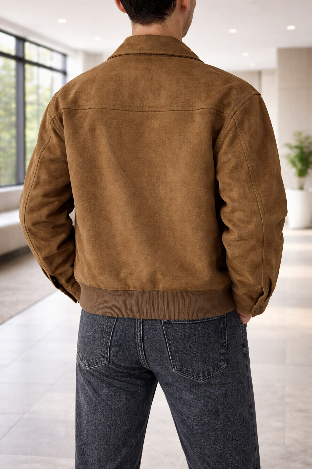 Men's Suede-Finish Leather Jacket with Zip Front – view 3