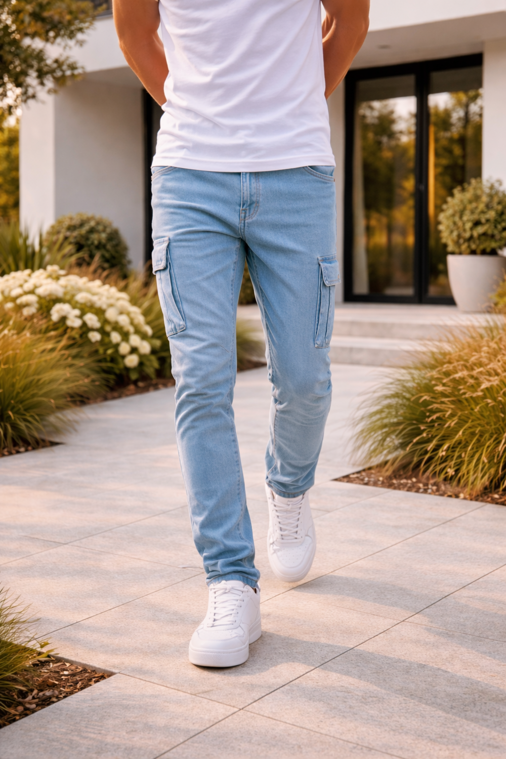 Men's Slim-Cut Fit Stretchy Cargo Jeans – Light Blue
