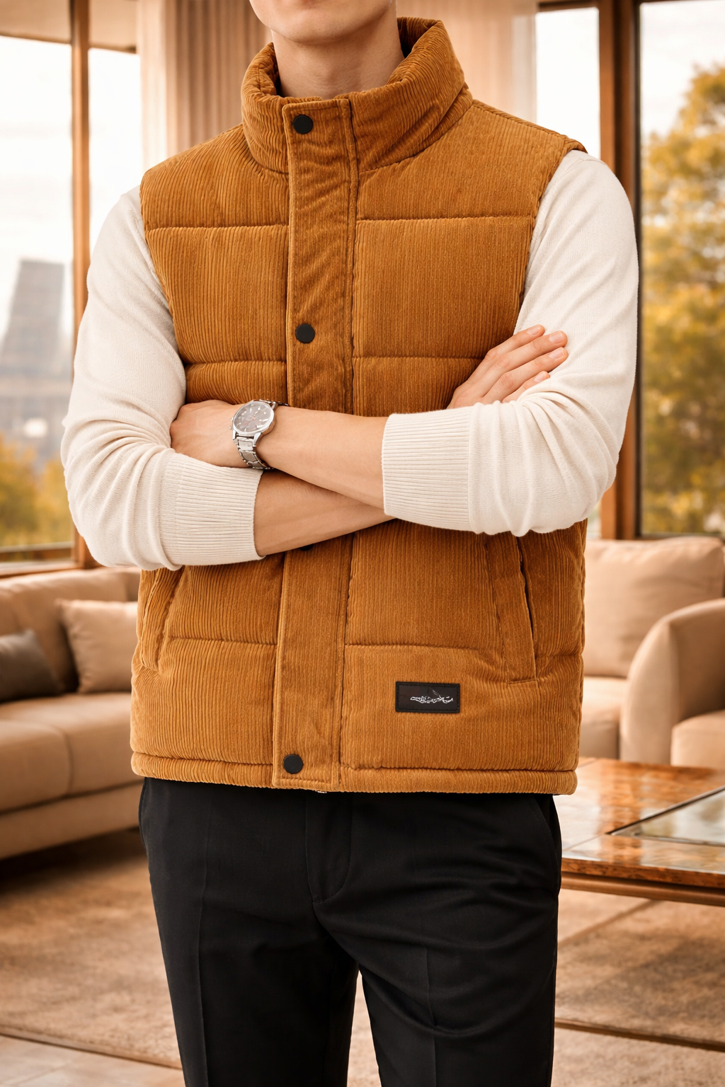 Men's Padded Quilted Stand-Collar Vest – Brown