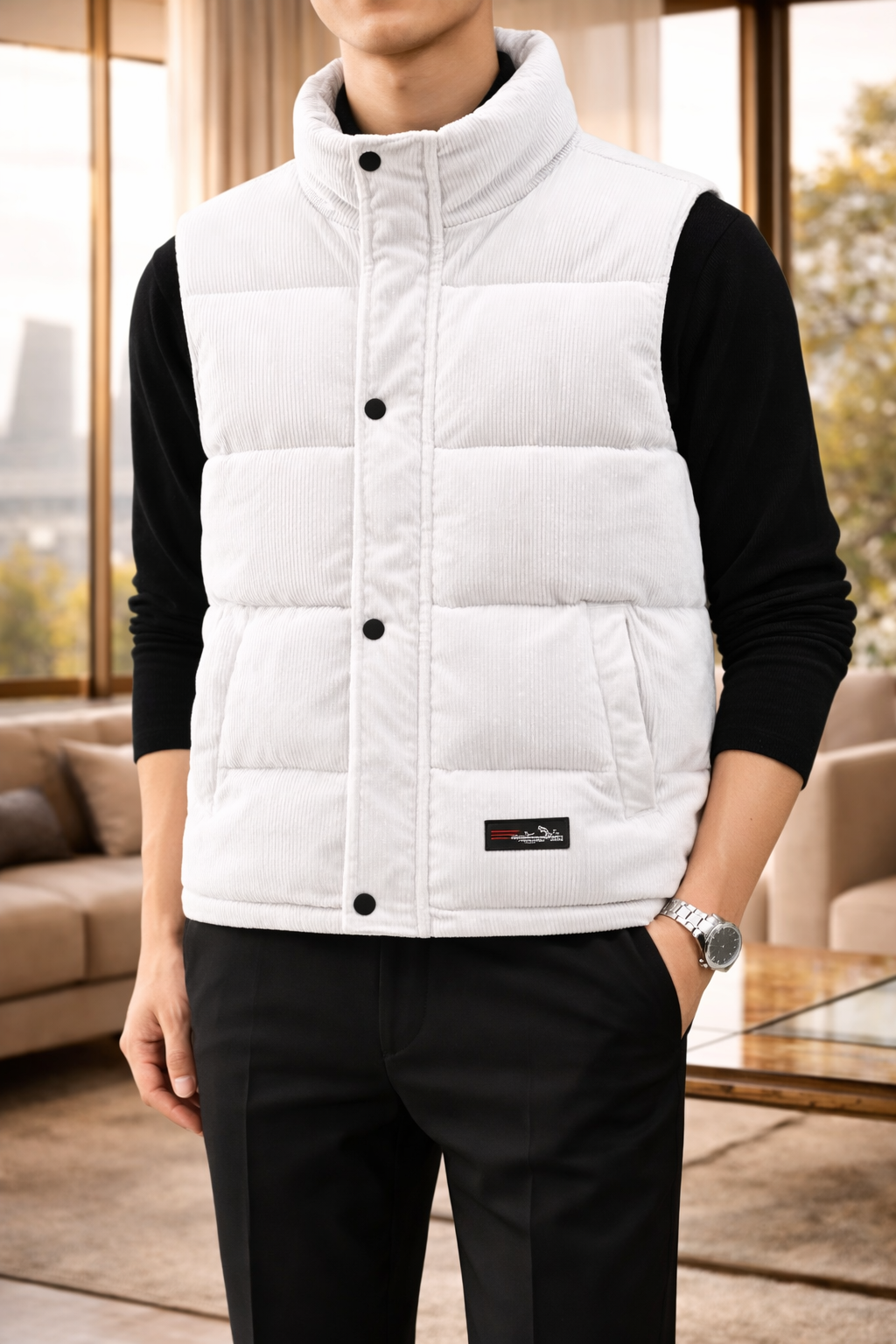 Men's Padded Quilted Stand-Collar Vest – White
