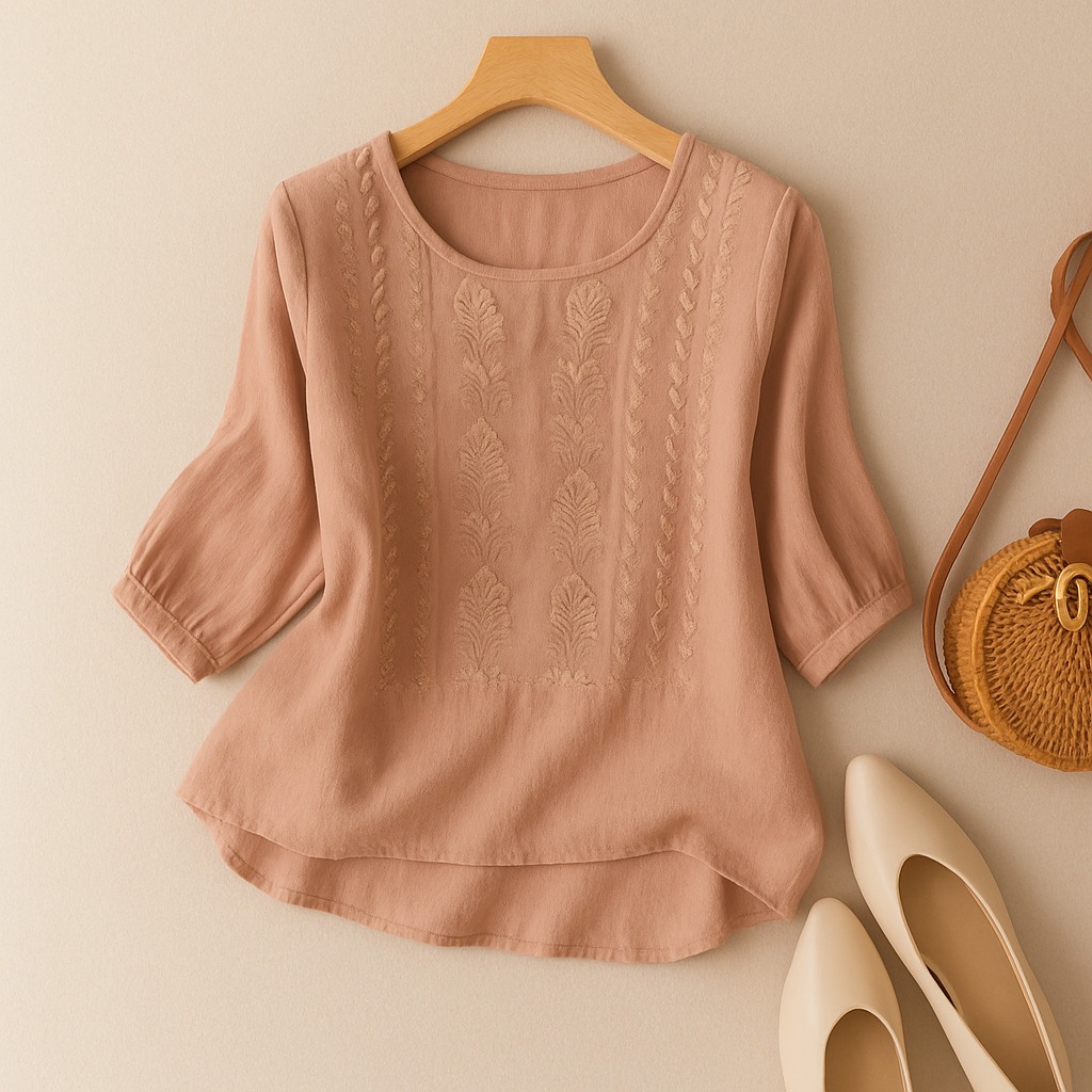 Women's Embroidery-Detail Round-Neck Blouse – Orange