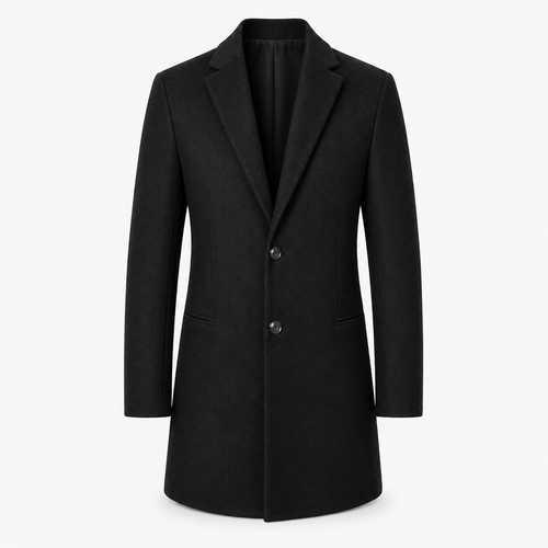 Men's Mid-Length Straight-Cut Tweed Overcoat for Everyday Wear – Black