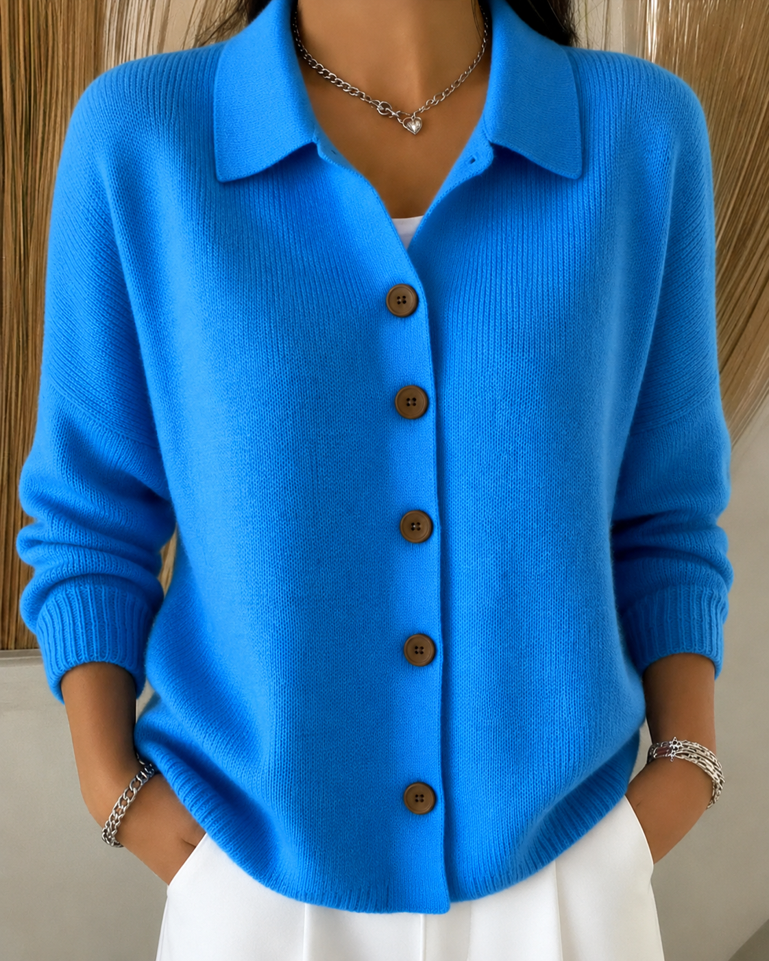 Women's Plush Knit Button-Up Collar Knit Cardigan – Blue