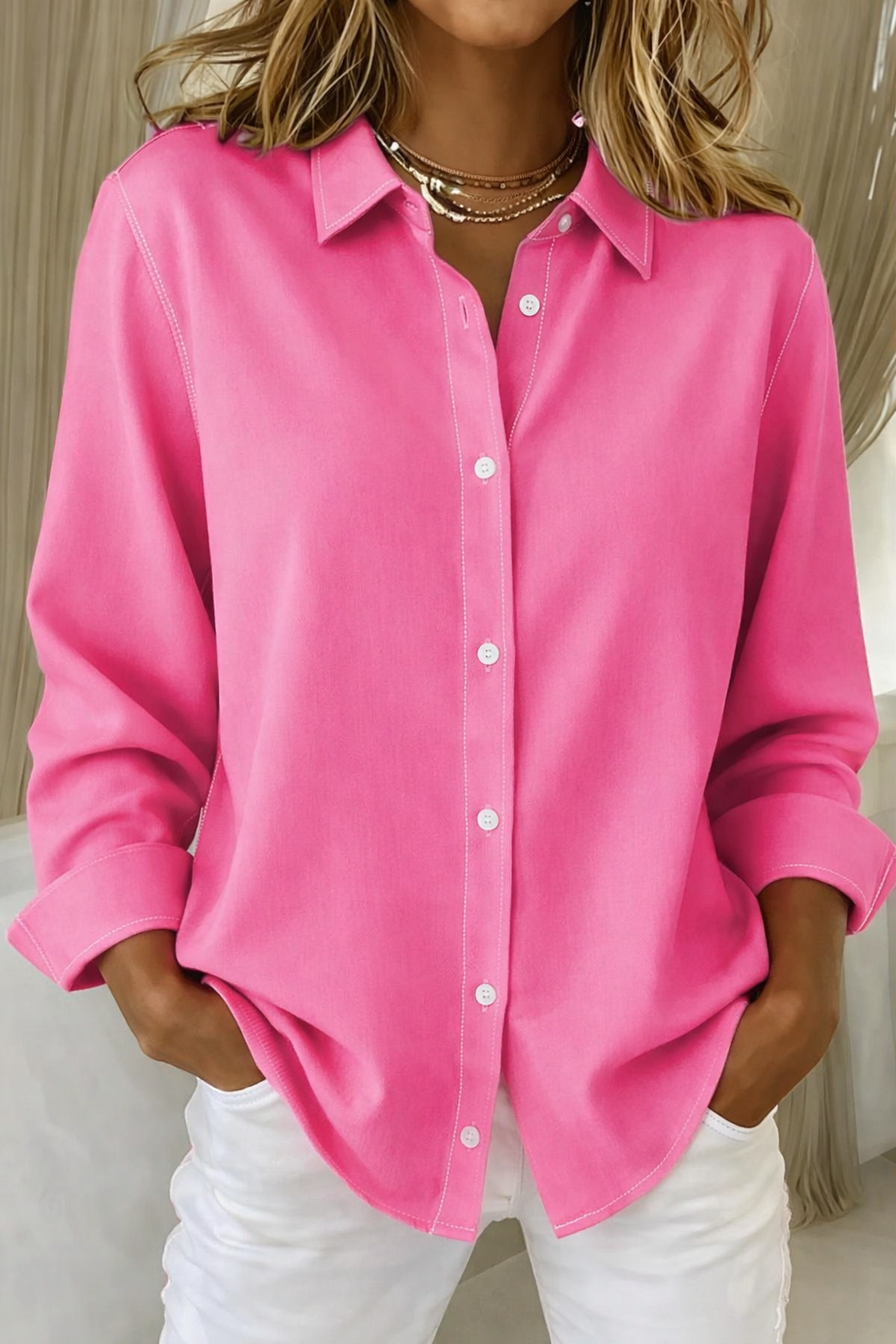 Women's Button-Front Collar-Detail Blouse – Hot Pink