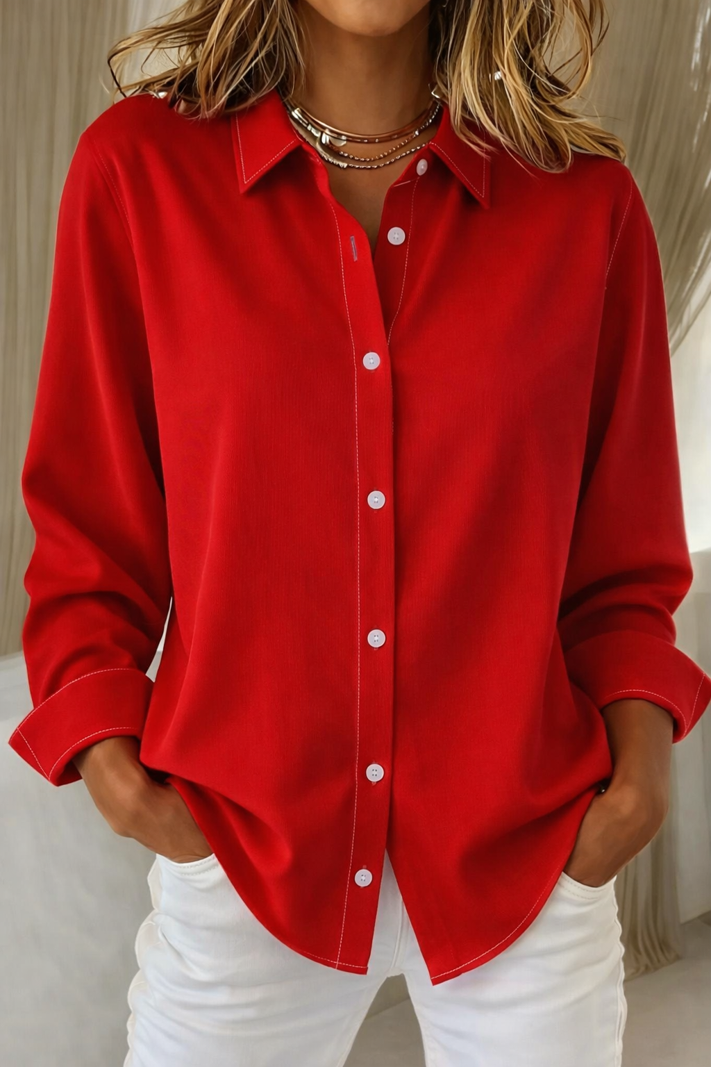 Women's Button-Front Collar-Detail Blouse – Red