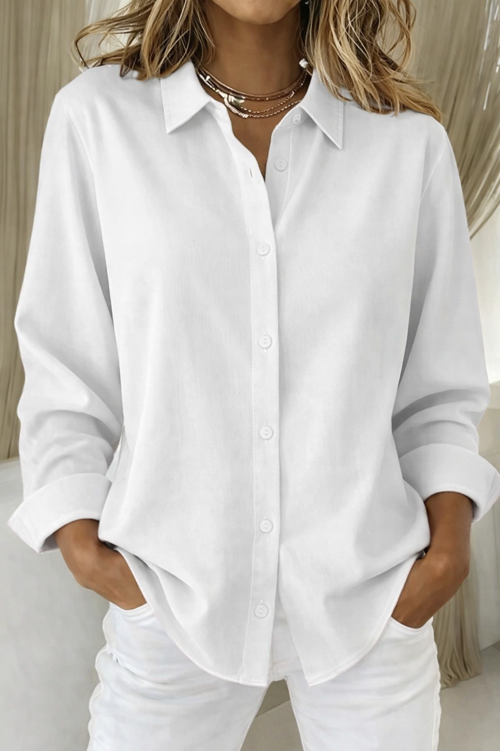 Women's Button-Front Collar-Detail Blouse – White