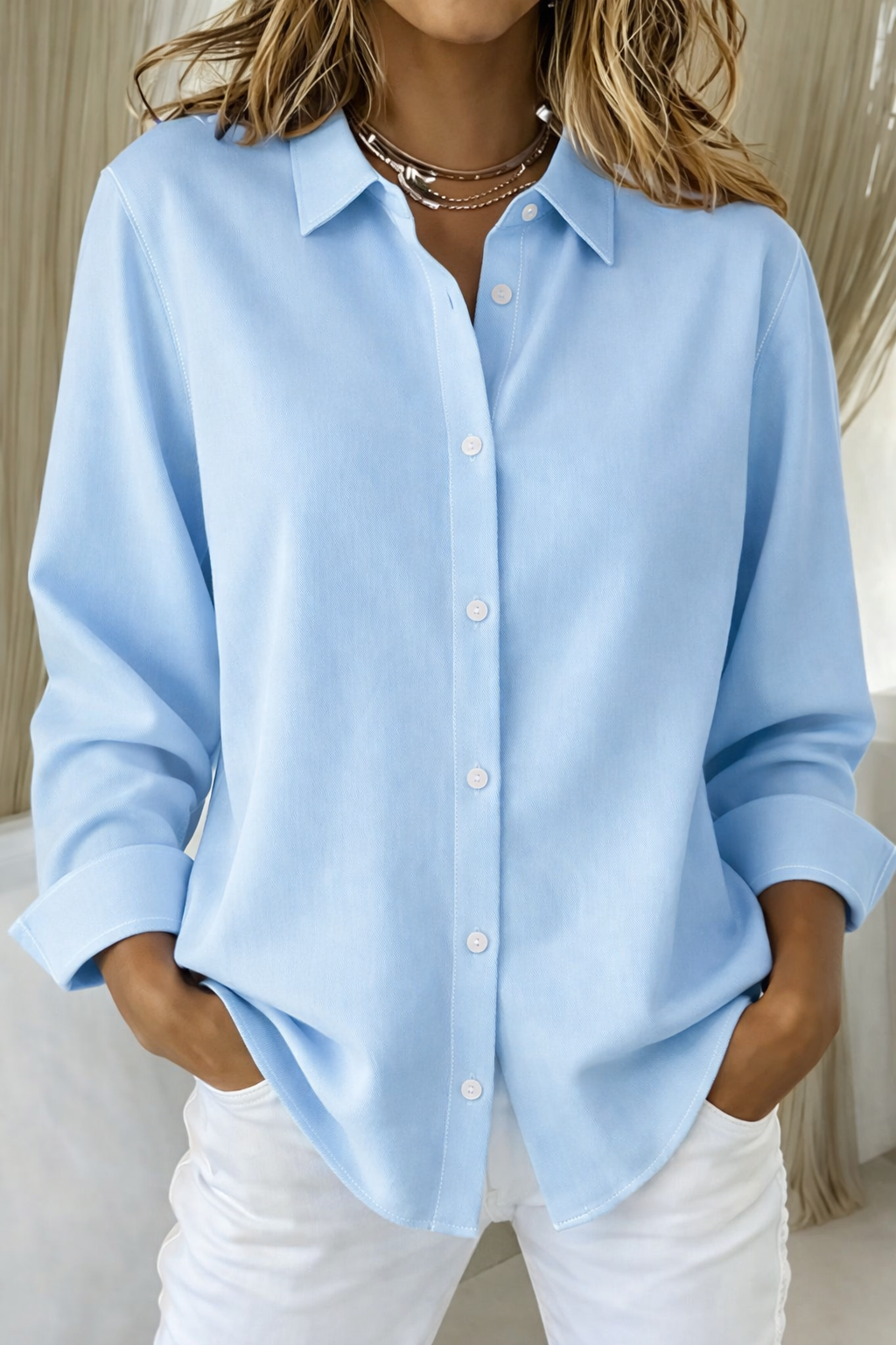 Women's Button-Front Collar-Detail Blouse – Light Blue