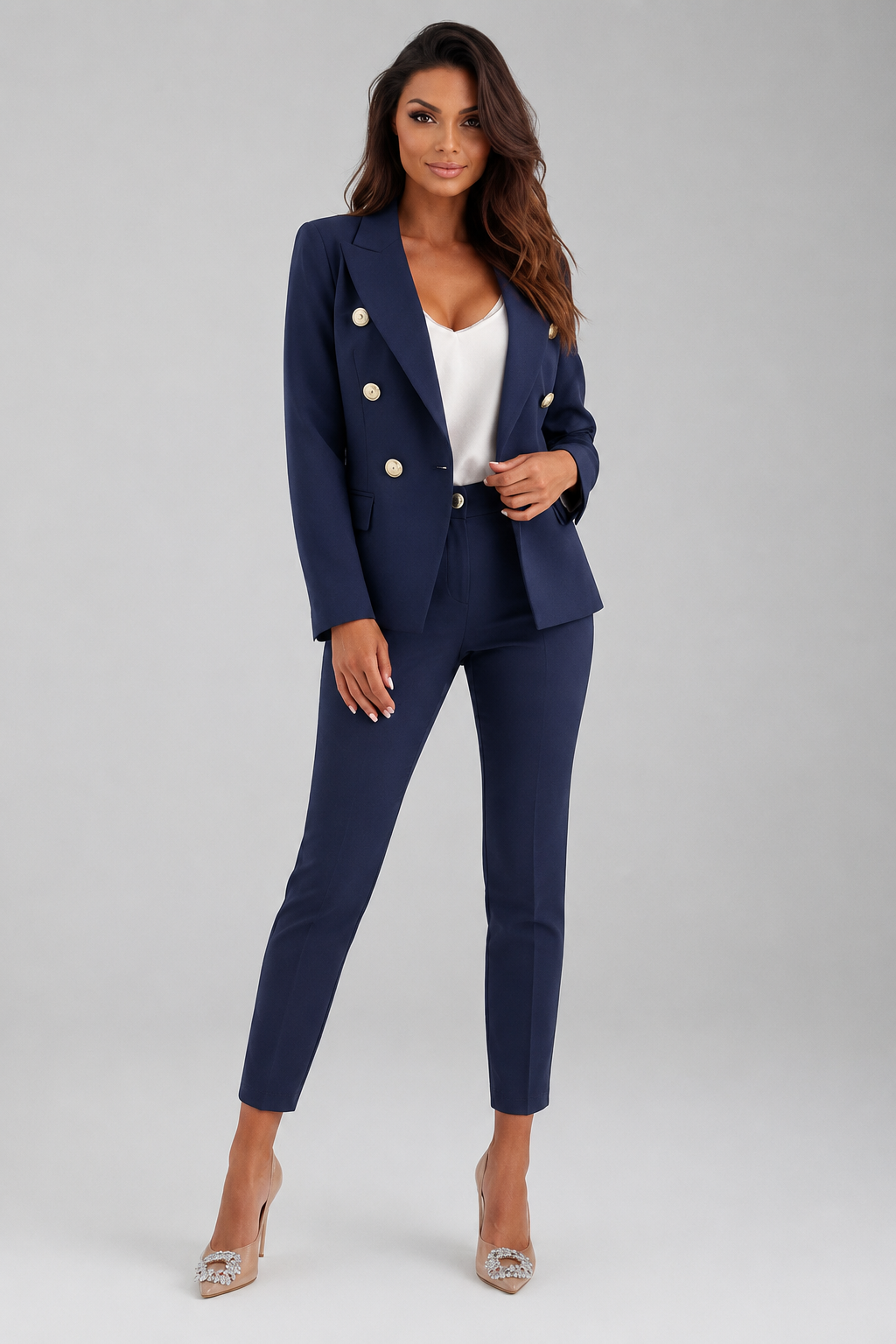 Women's Double-Breast Button Suit Set – Navy Blue