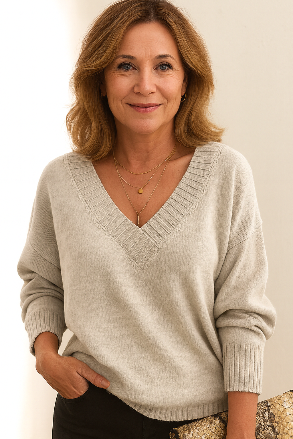 Women's Deep V-Neckline Knit Sweater – Beige
