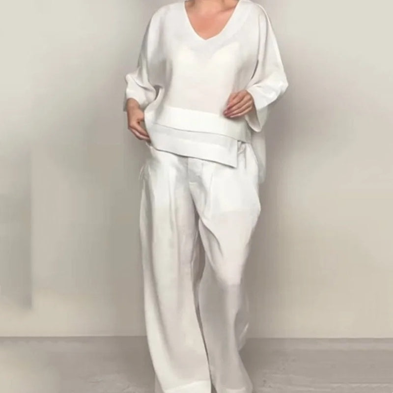 Women's Layered V-Neckline Wide-Cut Trouser Set – White