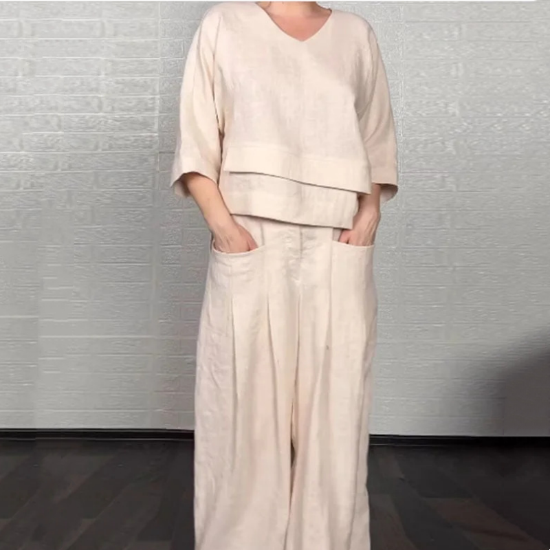 Women's Layered V-Neckline Wide-Cut Trouser Set – Cream