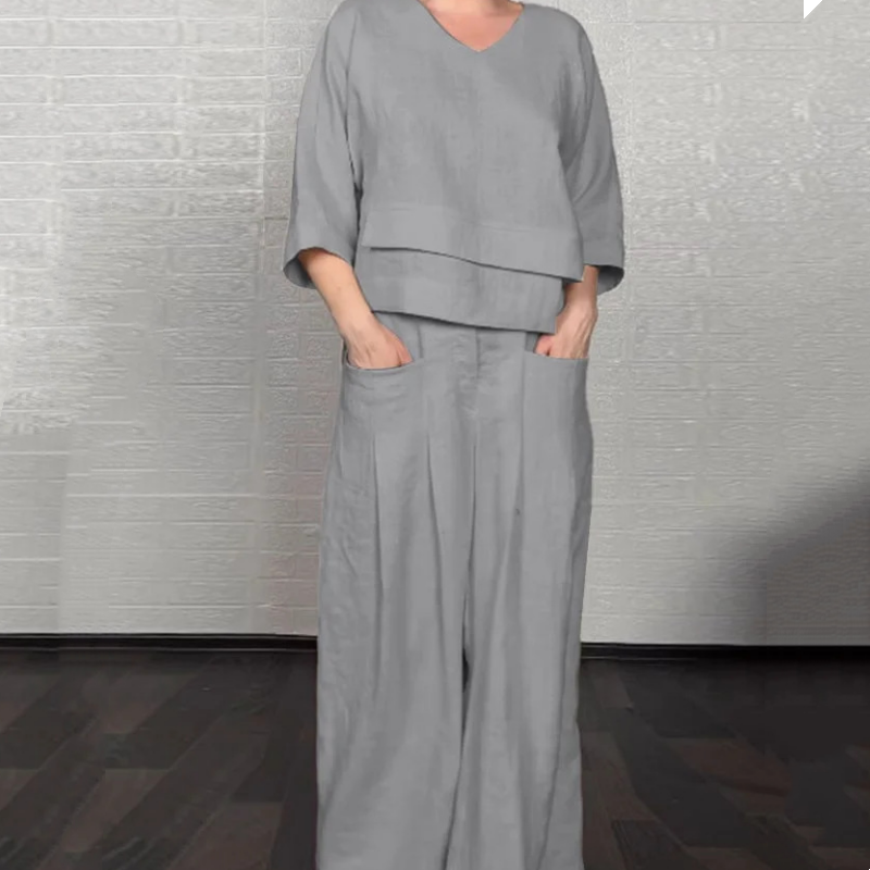 Women's Layered V-Neckline Wide-Cut Trouser Set – Gray