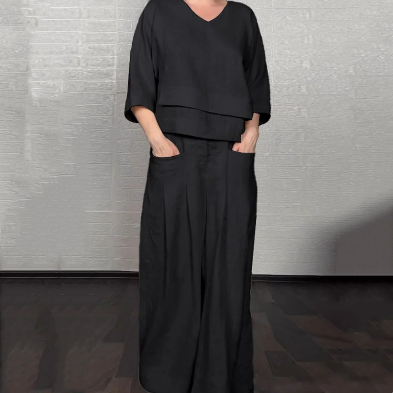 Women's Layered V-Neckline Wide-Cut Trouser Set – Black