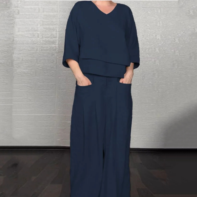 Women's Layered V-Neckline Wide-Cut Trouser Set – Dark Blue