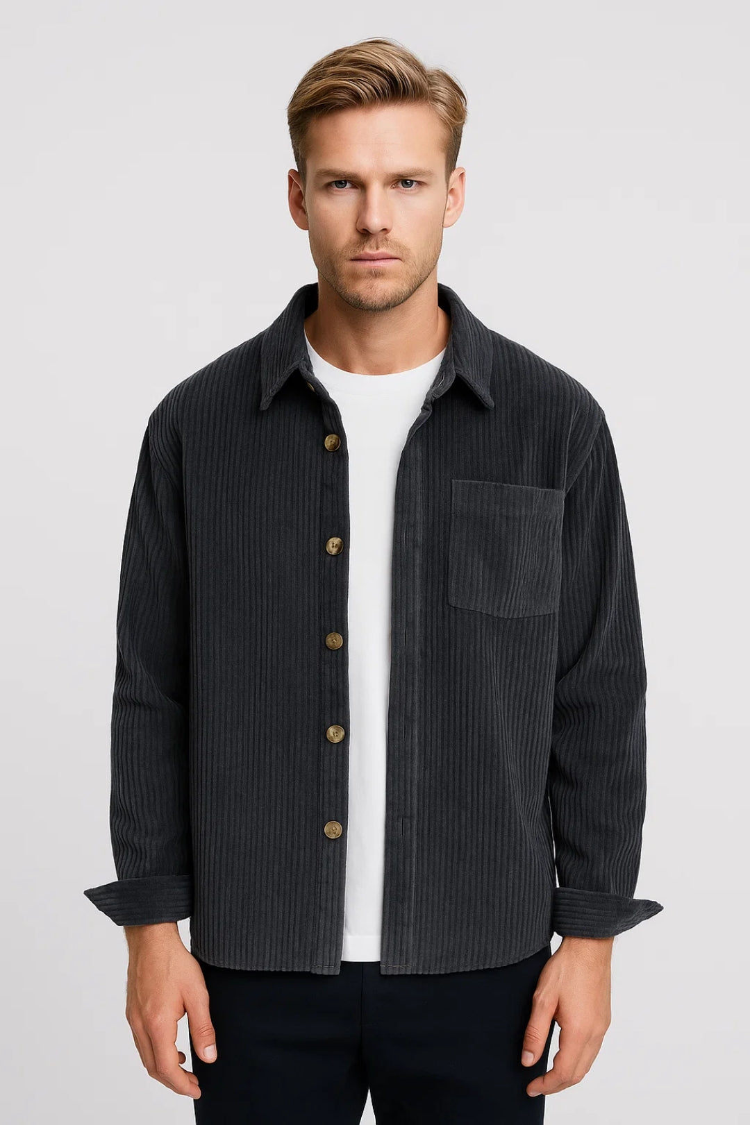 Men's Rib-Knit Button-Front Overshirt with Chest Pocket – Dark Gray