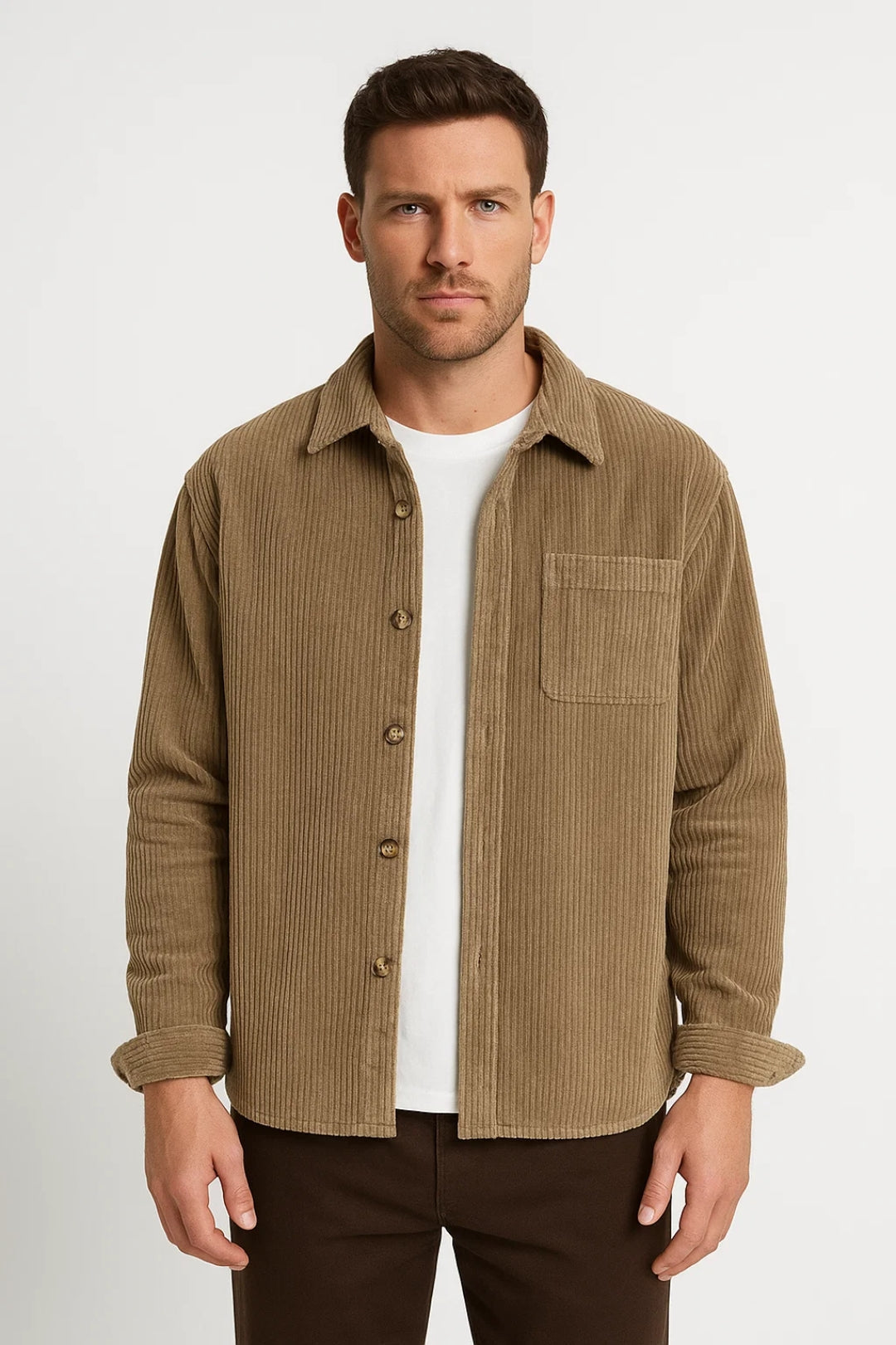 Men's Rib-Knit Button-Front Overshirt with Chest Pocket – Khaki