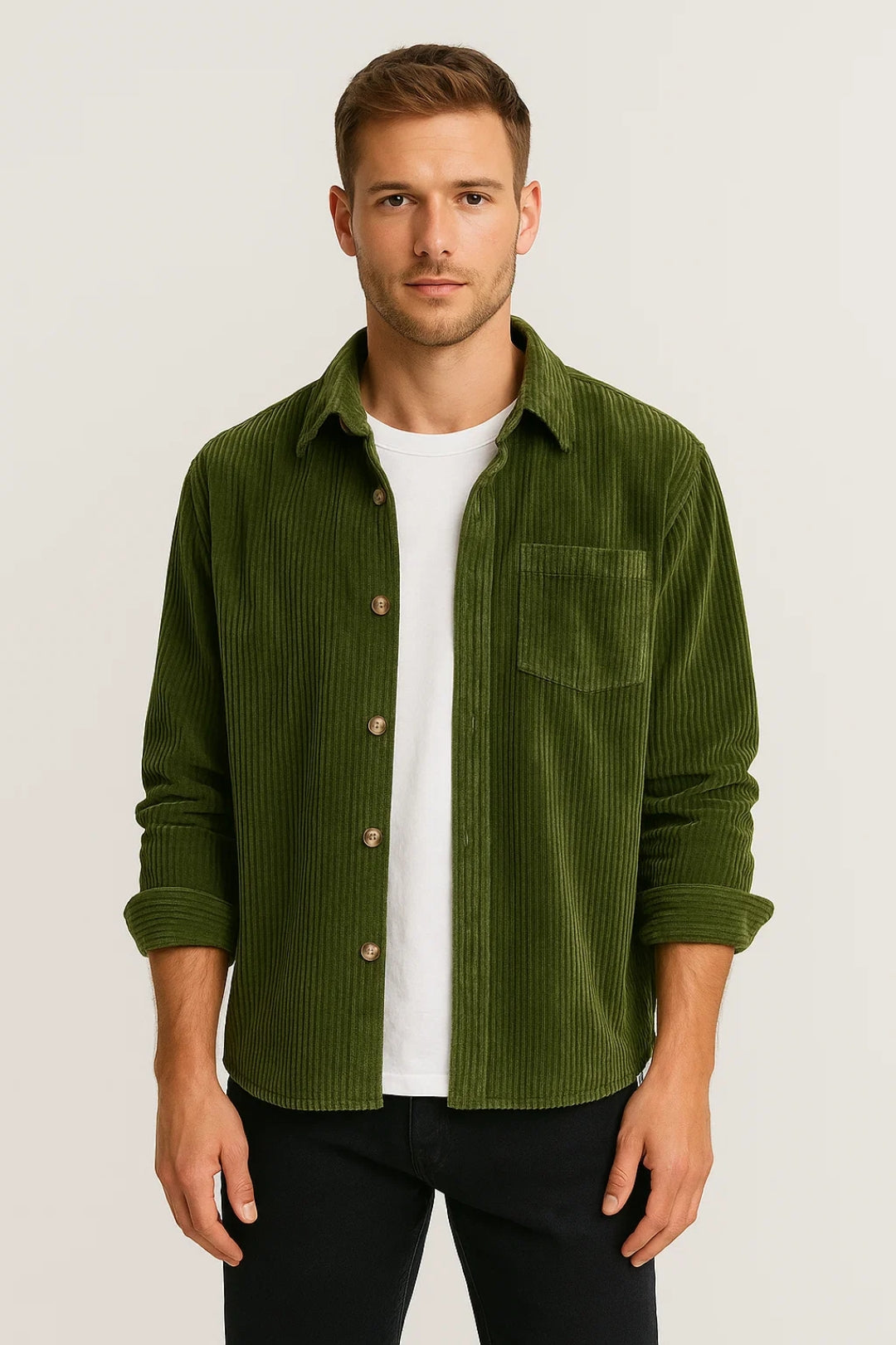 Men's Rib-Knit Button-Front Overshirt with Chest Pocket – Green