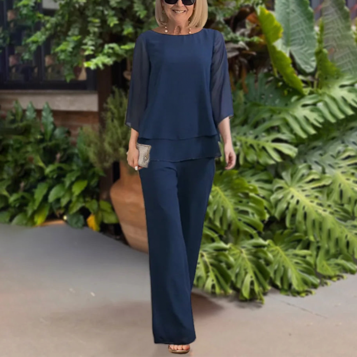 Women's 2 Piece Wide-Cut Pants Set – Blue
