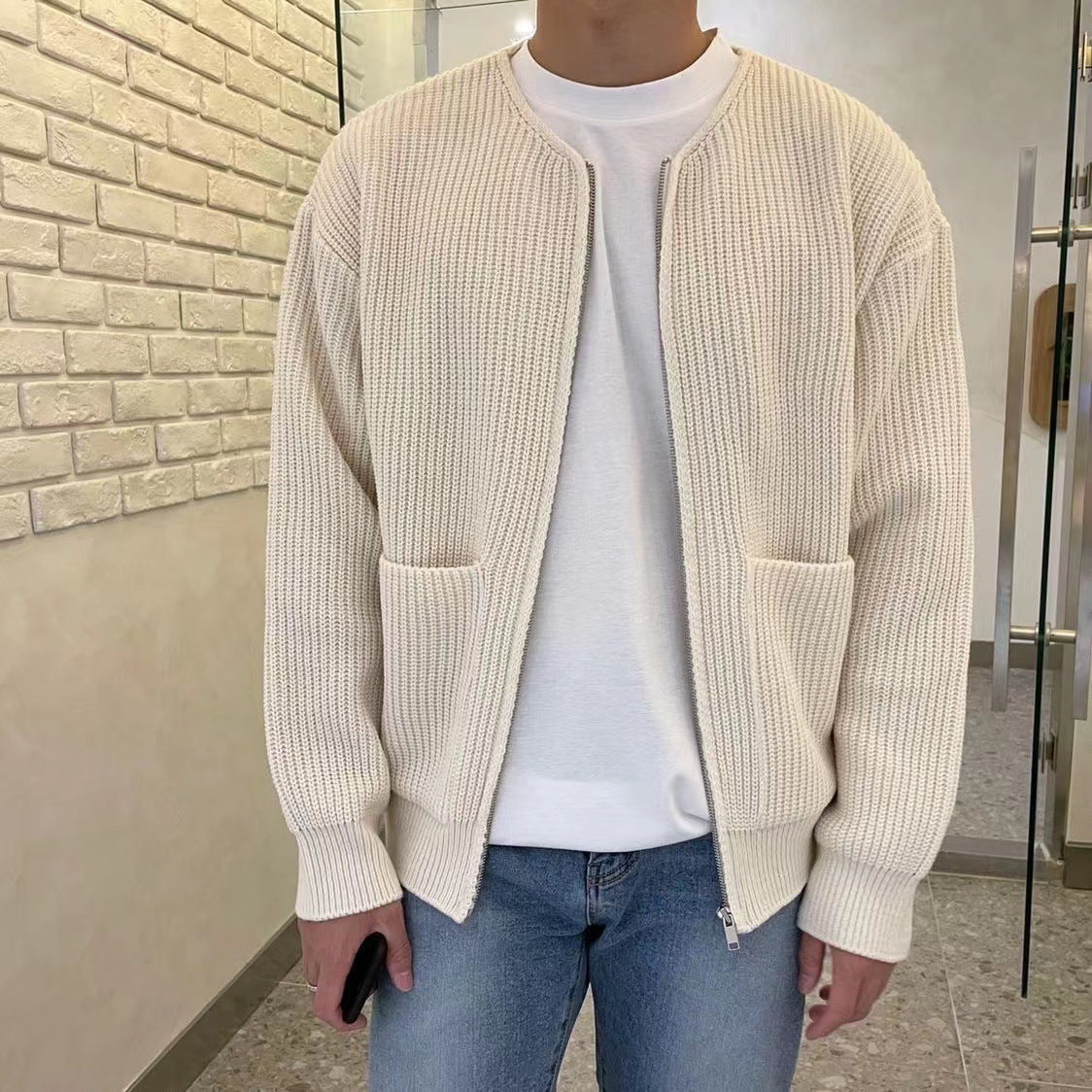 Men's No-Collar Plush Knit Full-Zip Knit Cardigan – Cream