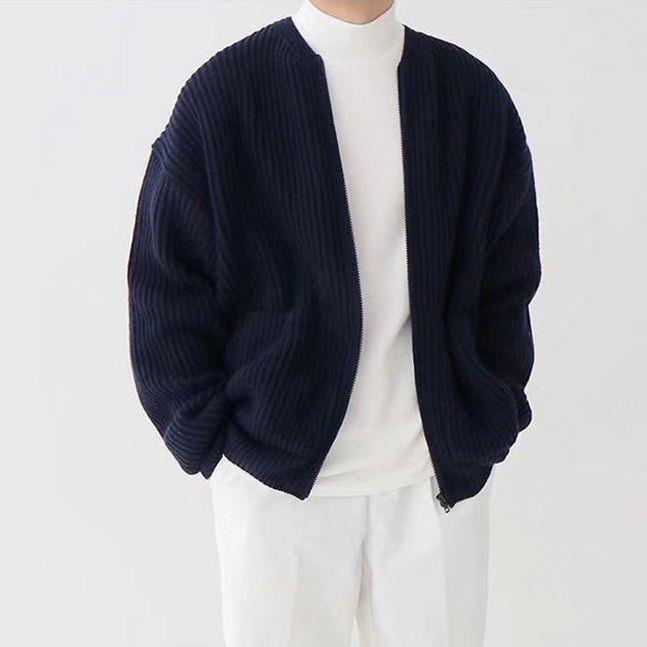 Men's No-Collar Plush Knit Full-Zip Knit Cardigan – Dark Blue