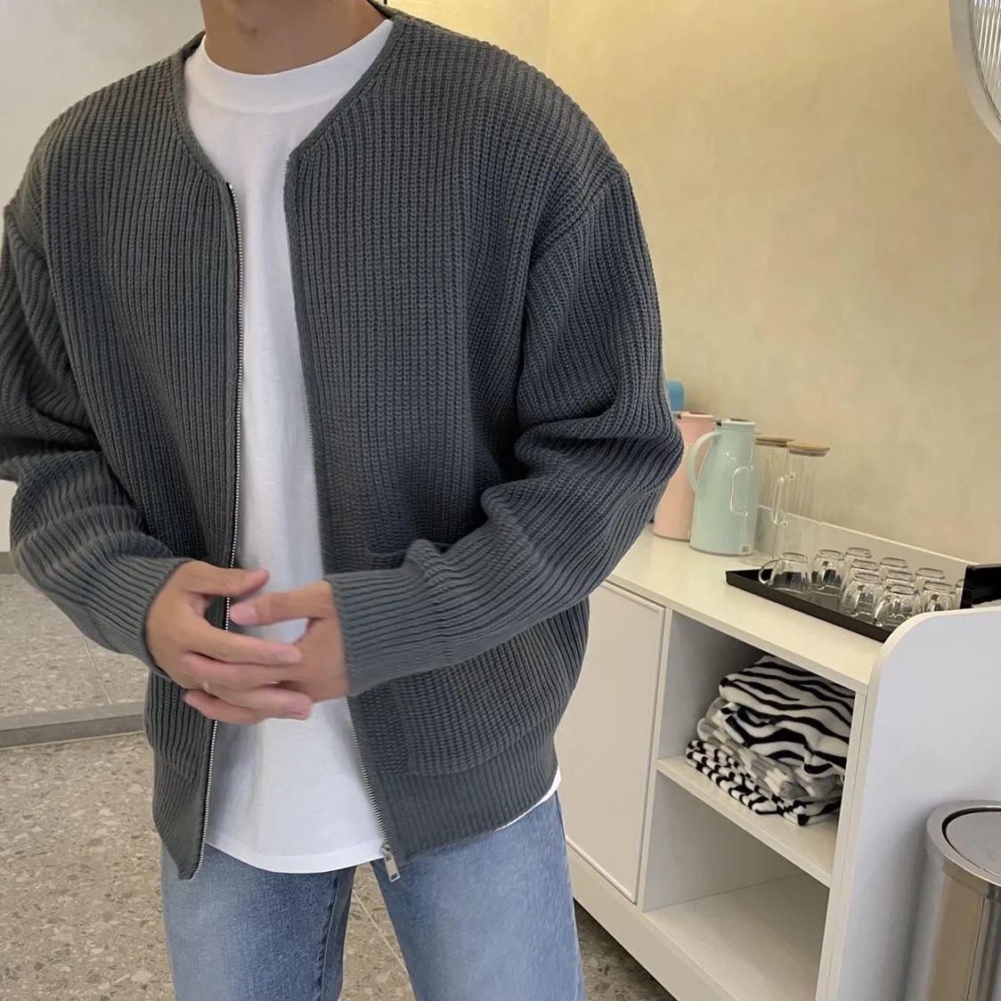 Men's No-Collar Plush Knit Full-Zip Knit Cardigan – Gray
