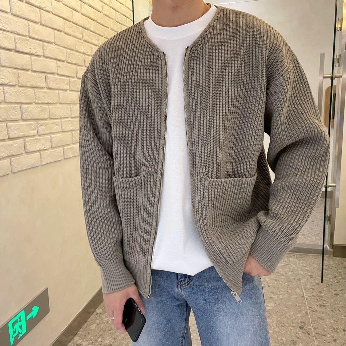Men's No-Collar Plush Knit Full-Zip Knit Cardigan – Khaki