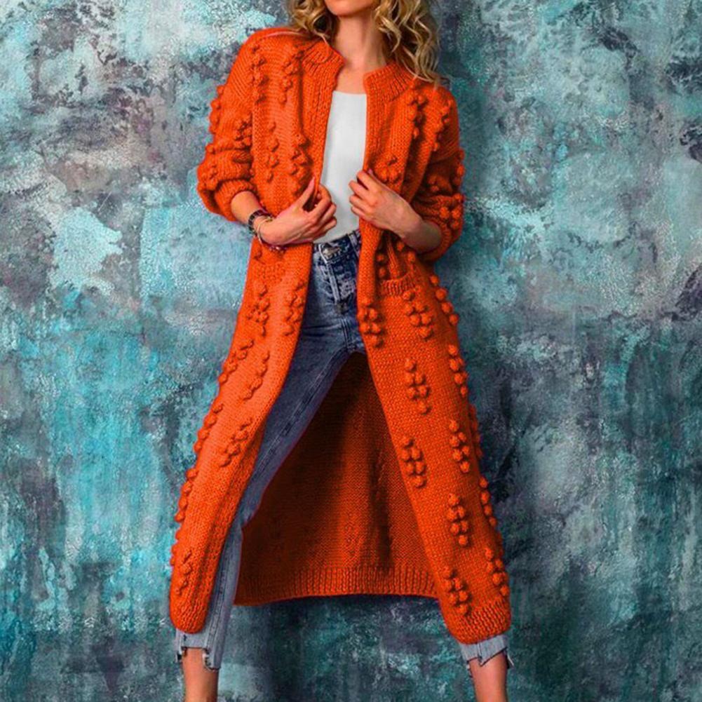 Women's Longline Cotton-Blend Open-Style Textured Knit Cardigan for Layering – Orange