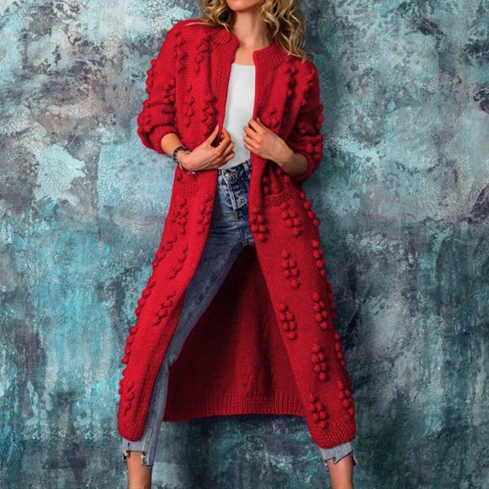 Women's Longline Cotton-Blend Open-Style Textured Knit Cardigan for Layering – Red