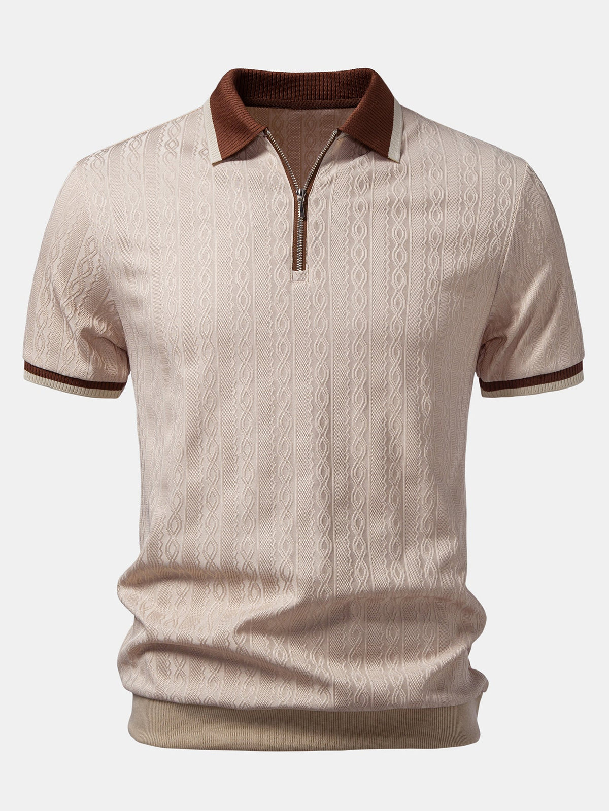 Men's Textured Knit Quarter Zip Polo for Everyday Wear – Beige