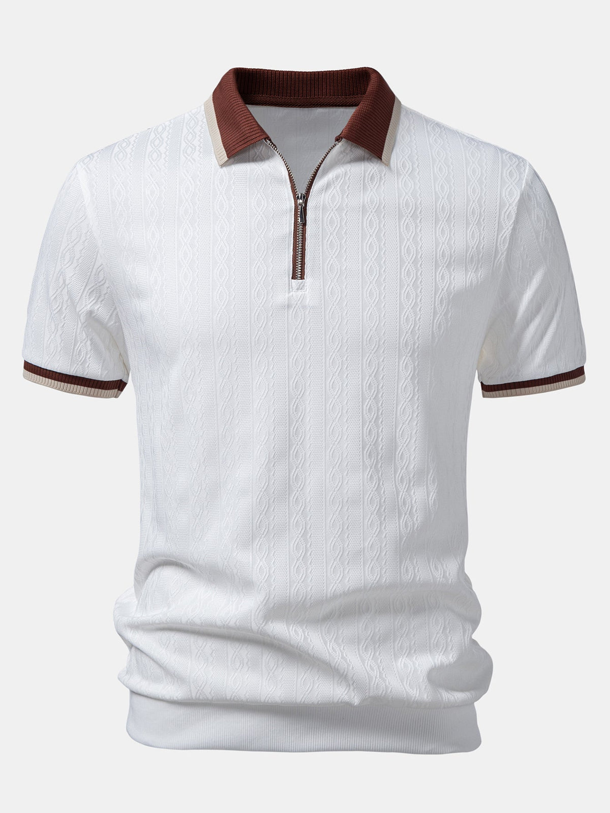 Men's Textured Knit Quarter Zip Polo for Everyday Wear – White