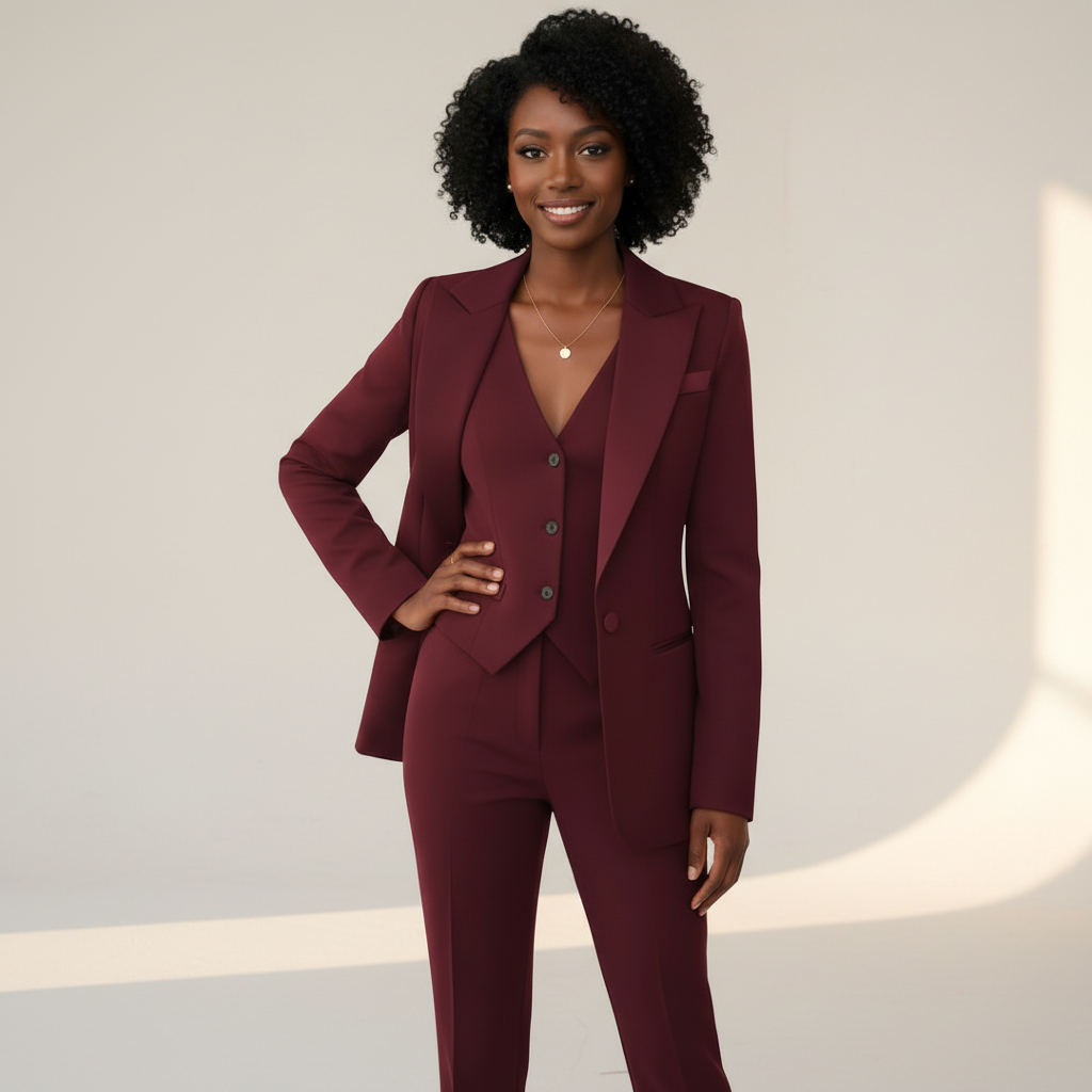 Women's Three-Piece Blazer Waistcoat Trouser Set for Evening Wear – Wine Red