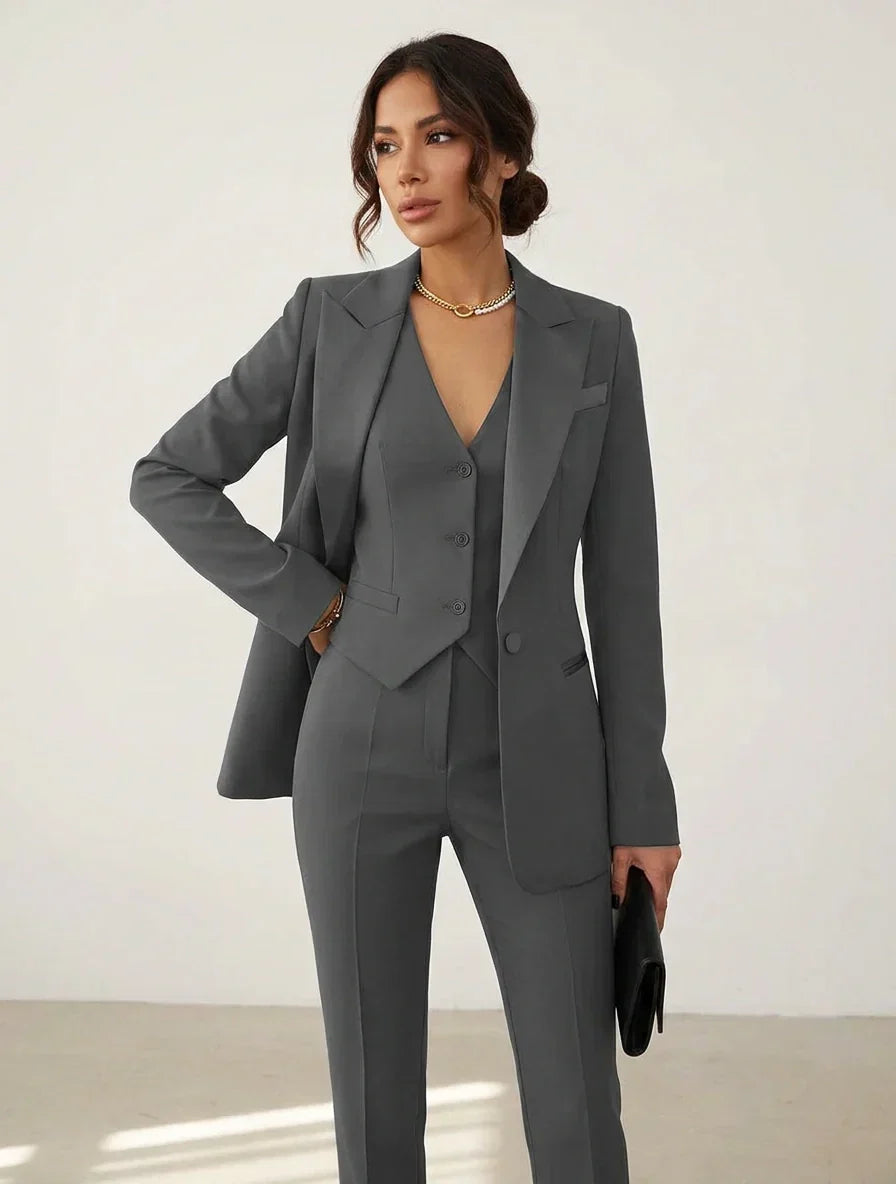 Women's Three-Piece Blazer Waistcoat Trouser Set for Evening Wear – Gray