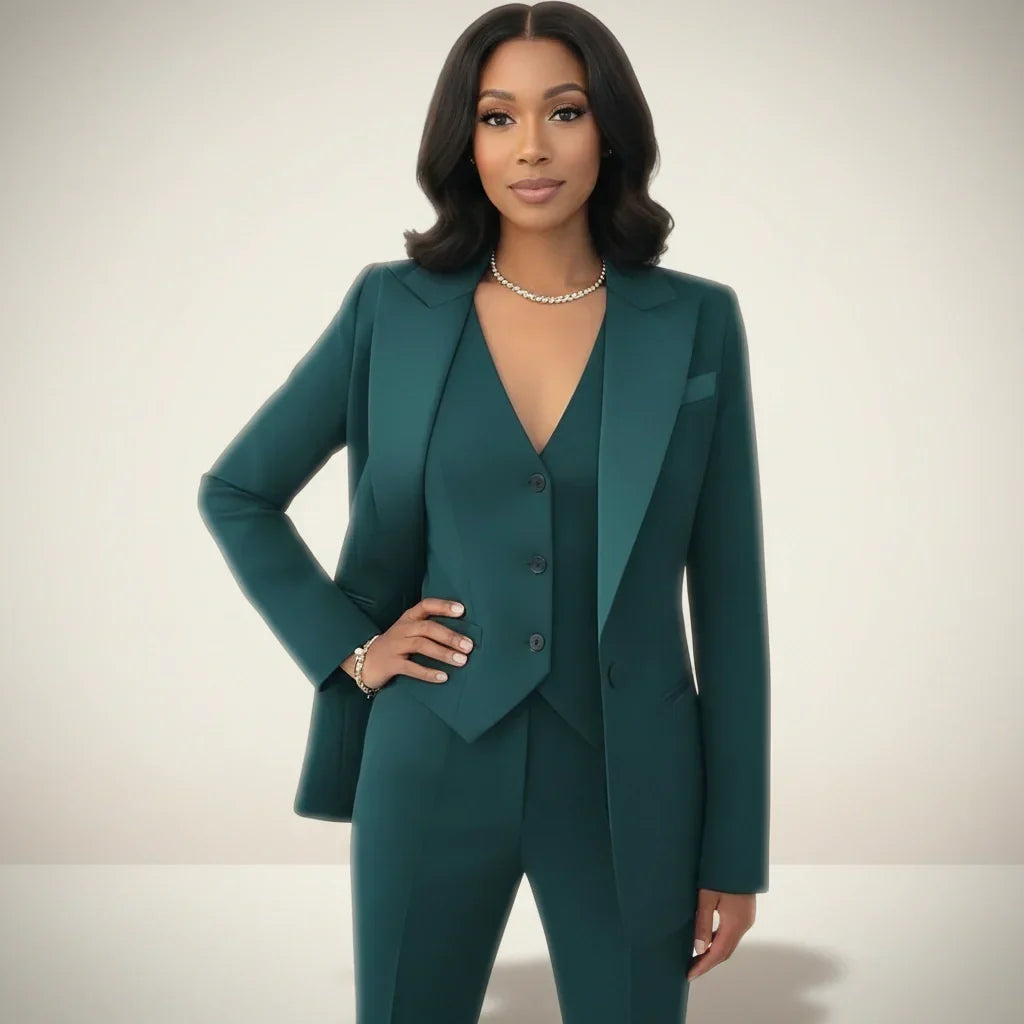 Women's Three-Piece Blazer Waistcoat Trouser Set for Evening Wear – Green