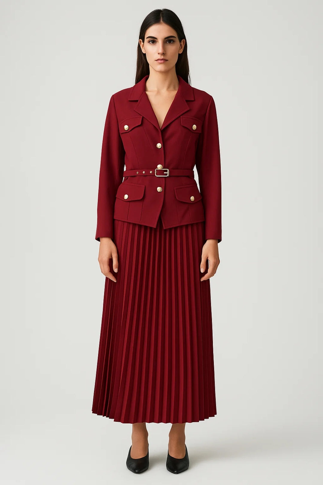Women's Blazer and Pleat-Detail Skirt Set – Red