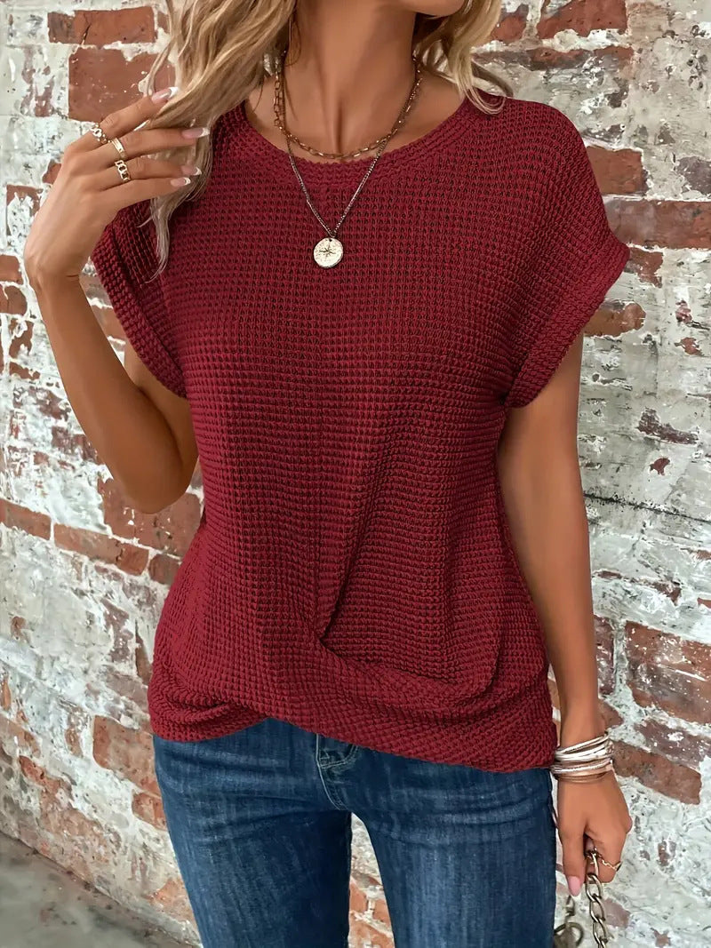 Women's Waffle Knit Short-Sleeve Top for Everyday Wear – Burgundy