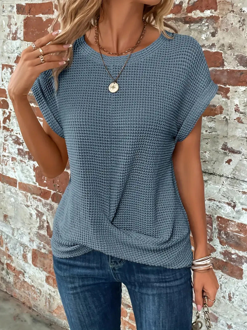 Women's Waffle Knit Short-Sleeve Top for Everyday Wear – Steel Blue