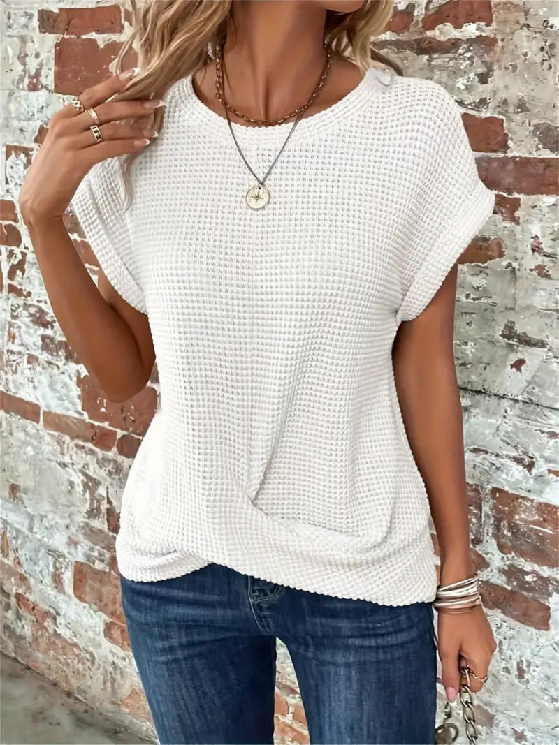 Women's Waffle Knit Short-Sleeve Top for Everyday Wear – White