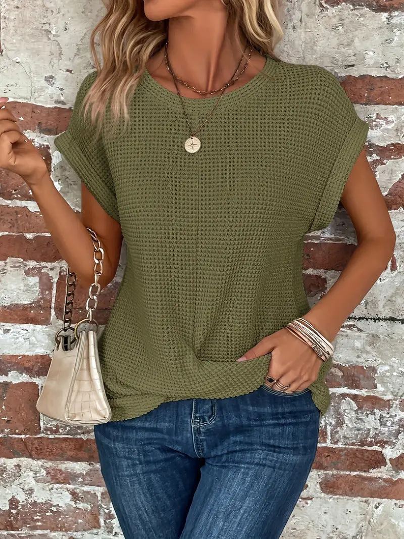 Women's Waffle Knit Short-Sleeve Top for Everyday Wear – Olive Green