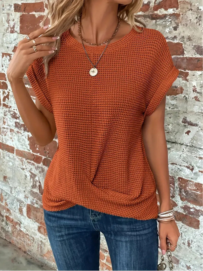 Women's Waffle Knit Short-Sleeve Top for Everyday Wear – Rust