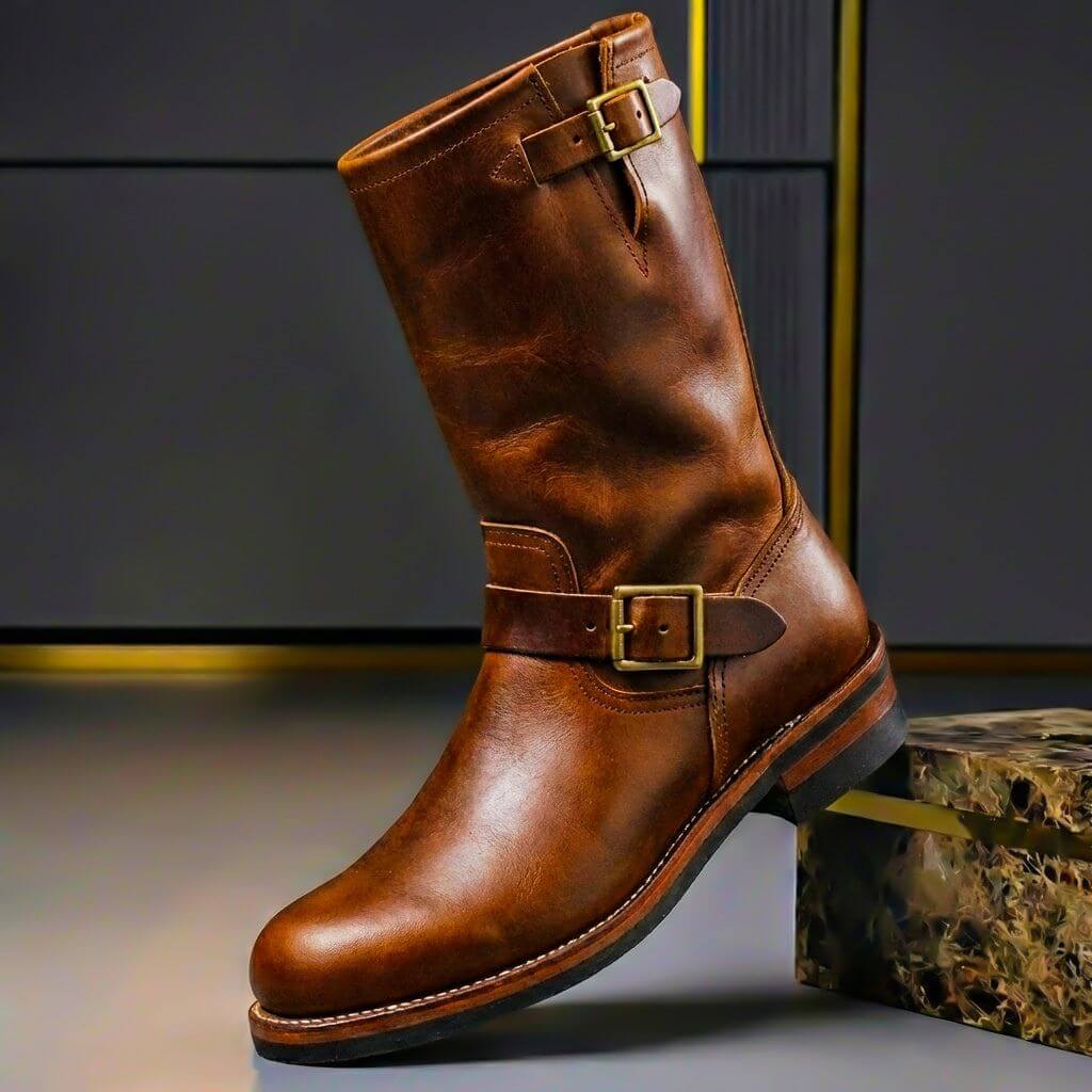 Men's Leather Buckle-Detail Engineer Boots – Brown