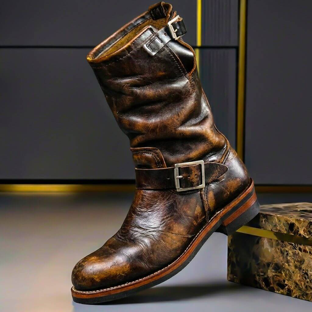 Men's Leather Buckle-Detail Engineer Boots – Dark Brown