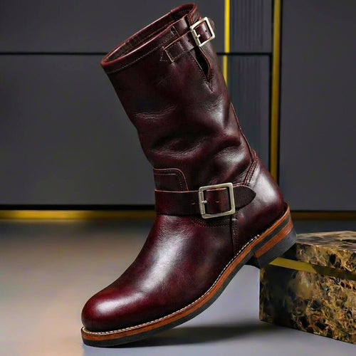 Men's Leather Buckle-Detail Engineer Boots – Wine Red