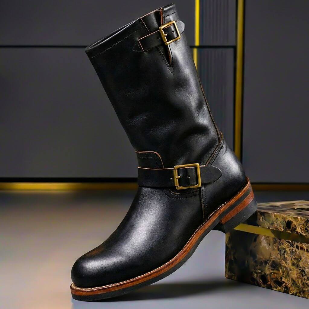 Men's Leather Buckle-Detail Engineer Boots – Black